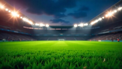 Fototapeta premium football stadium with lights, grass in sports arena - background, Low angle view of sports field in stadium at night, created with generative ai