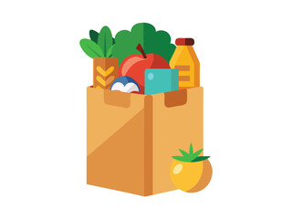A paper bag full of groceries, including a milk carton, lettuce, oranges, a can of olives, and a baguette, on a white background	
