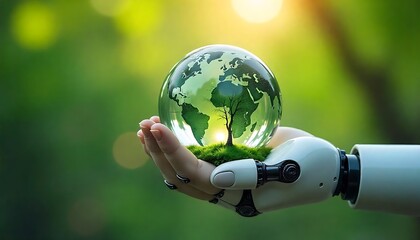 Earth crystal glass globe ball and tree in robot hand saving the environment, save a clean planet, ecology concept. technology, science of the  environment concept, created with generative ai