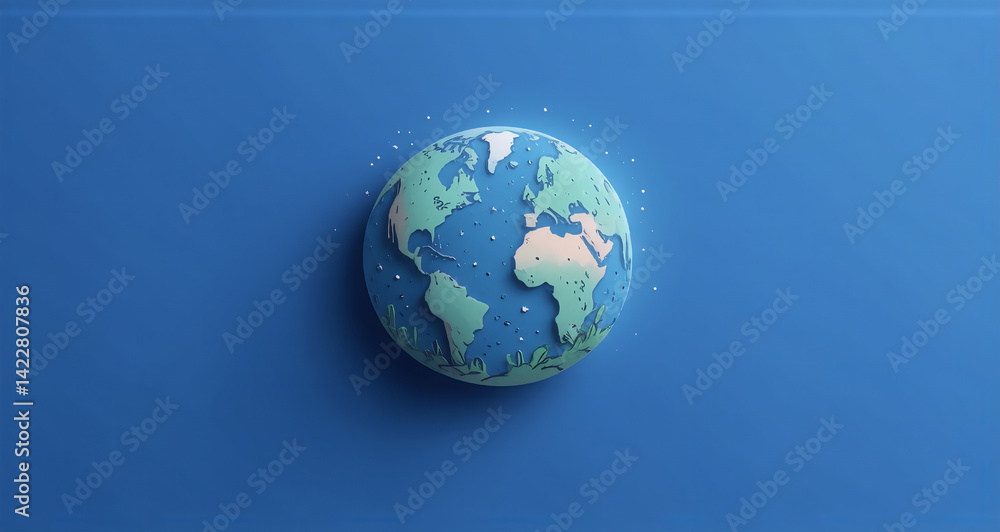 Poster a stylized, 3d-rendered earth floats against a vibrant, deep blue background. hints of continents ar