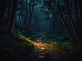 Obraz premium Create a captivating introductory image with mysterious elements, such as a night-time clearing or a winding path, to set the tone for the exploration of the mystery.