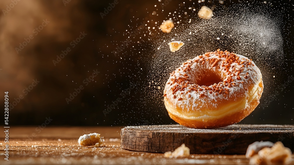 Poster a delectable donut freshly fried and coated in a light dusting of powdered sugar resting on a rustic