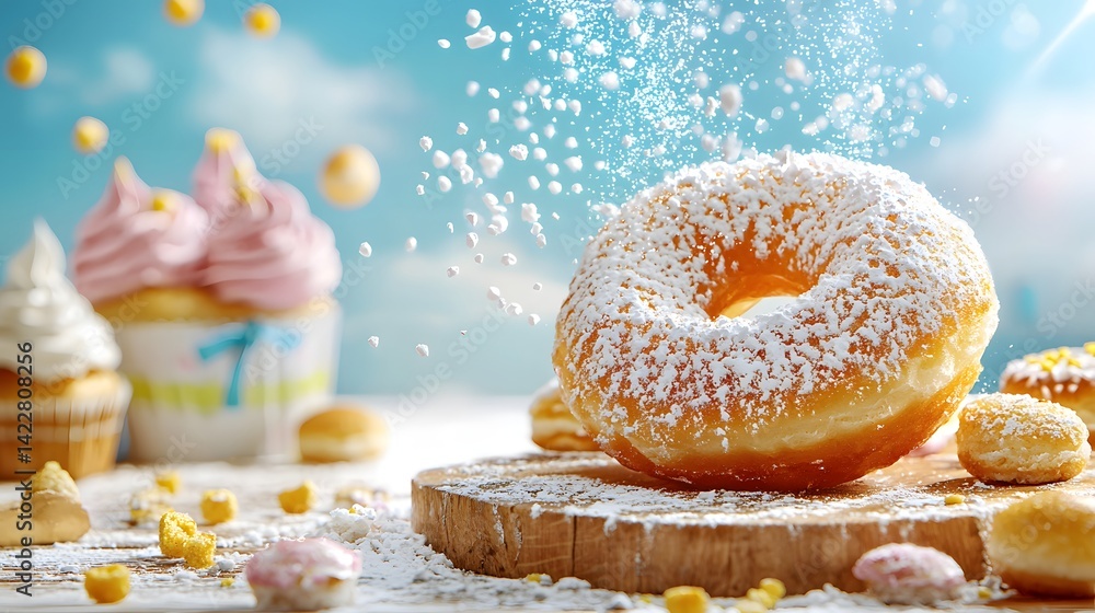 Poster Freshly baked donuts dusted with powdered sugar complemented by a variety of colorful sprinkles and a tempting array of sweet cupcakes creating an irresistible display of indulgent dessert delights