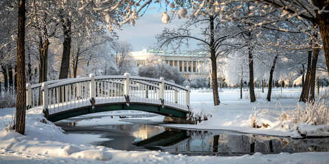 Winter wonderland landscape: snowy bridge over frozen river in a scenic winter park view image