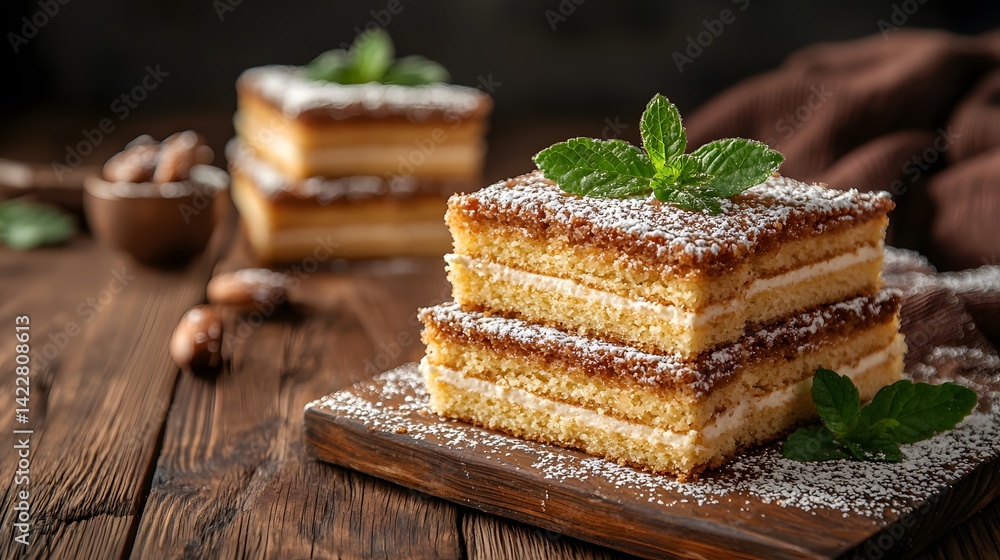 Poster a decadent and visually appealing layered cake with a rich cream filling and a delicate dusting of c