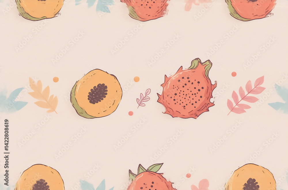 Poster a charming avatar-style seamless pattern featuring halved papaya and dragon fruit, interspersed with