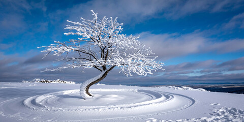 Winter landscape with snow covered tree and blue sky scenic view nature photography background image