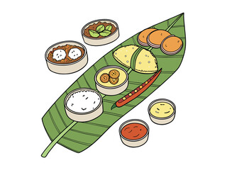 A traditional Indian thali platter. The plate should include colorful dishes like rice, curry, naan bread, and a side of raita. The foods should be neatly arranged on the plate