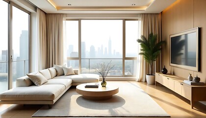Bright and airy living space with a city view, soft textures, warm wood, and sculptural furniture. A perfect blend of modern and organic elements, created with generative ai