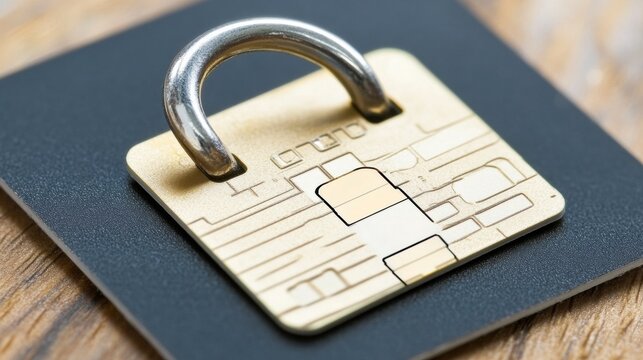 Closeup of Gold Credit Card Chip with Metal Ring on Dark Surface - Powered by Adobe