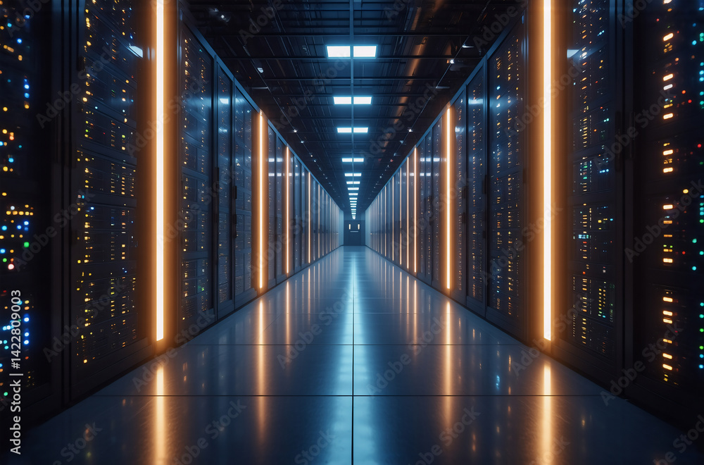 Fototapete The image shows a symmetrical corridor of a data center, lined with glowing server racks. The lighting and depth create an industrial, technological, digital environment. It looks cool, futuristic, an