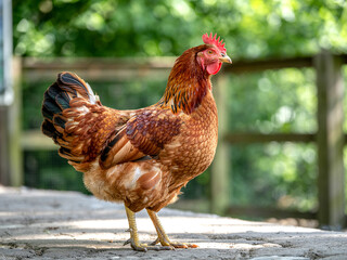 Beautiful brown hen chicken walking outdoors in farmyard setting poultry farming and animal husbandry photo