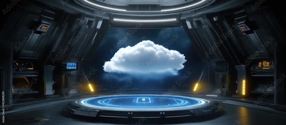 Poster futuristic platform showcase with floating cloud installation in a sci-fi environment