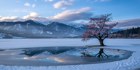 Beautiful winter landscape with cherry blossom tree reflection and snow covered mountains view scene