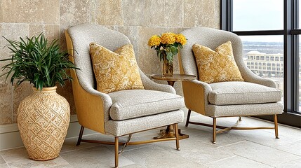 Elegant Beige Armchairs with Gold Accents in Modern Interior by Window