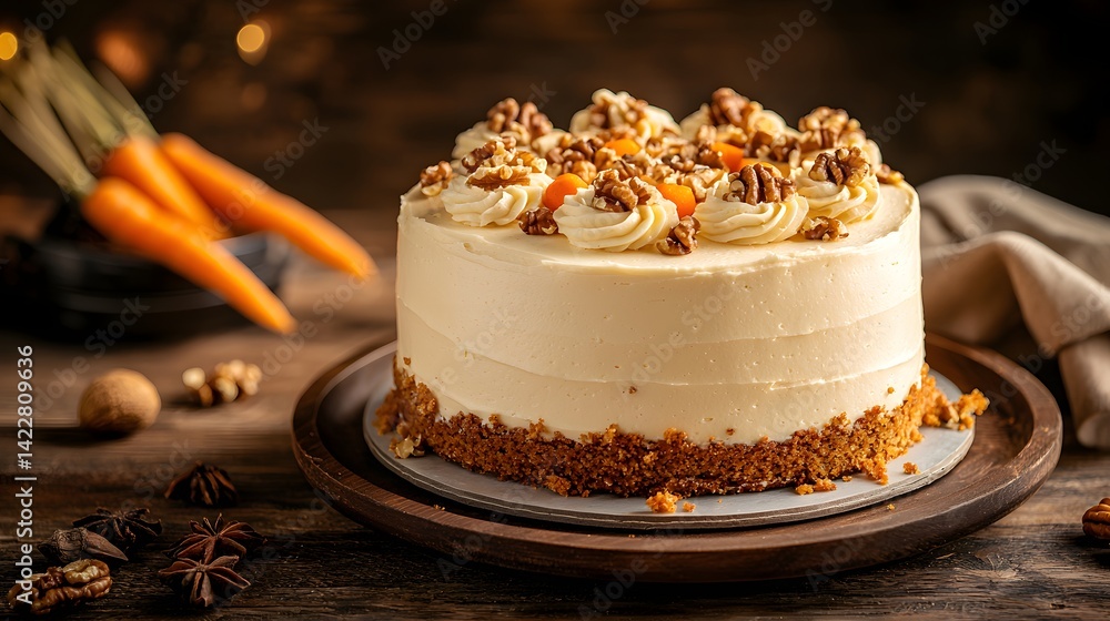 Poster a rich and flavorful cake featuring a delicate cream frosting topped with a medley of crunchy aromat