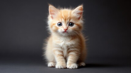 A fluffy orange kitten sits against a dark gray background