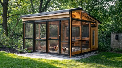 A modern chicken coop with innovative design features, housing hens in a clean and spacious enclosure.