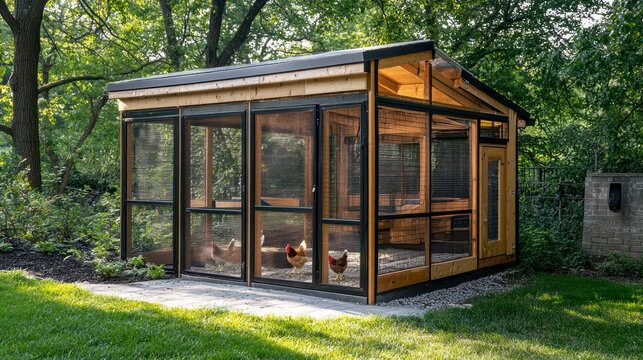 A modern chicken coop with innovative design features, housing hens in a clean and spacious enclosure.
