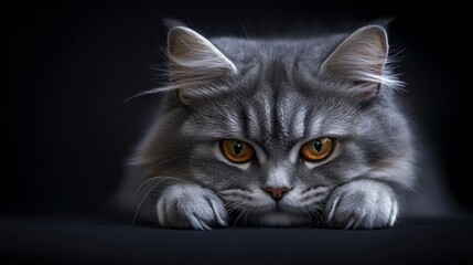 Portrait shows a magnificent gray long haired cat on black