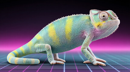 vibrant chameleon with textured skin pattern, showcasing bright colors against neon lit digital desert background, embodying 80s retro aesthetic