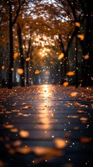 Autumn park with vibrant foliage and falling leaves, capturing the essence of seasonal change and natural beauty.
