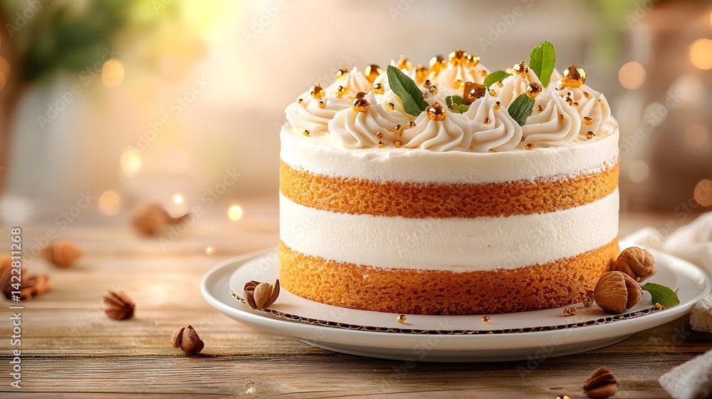 Poster a tempting layered cake featuring a soft sponge base smooth and creamy frosting and a sprinkle of cr