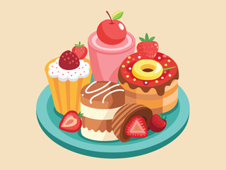 A plate with a variety of desserts, including chocolate cake with strawberries, strawberry cheesecake, a donut with red glaze, a cake with cream and a raspberry, and pink swiss rolls	
