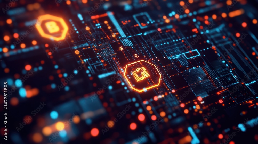 Poster abstract visualization of advanced technology with glowing circuits and icons