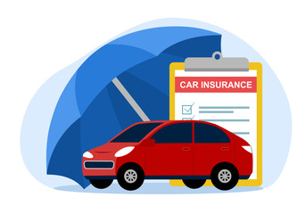 Car insurance concept. Umbrella with car, insurance document.