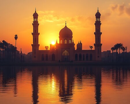 Sunset silhouette of a mosque reflected in water.