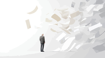 Obraz premium The work presents a minimalist composition, depicting a lonely and thin figure of a man in a dark suit standing in a pure white space, facing a huge, dynamic wave-like structure.