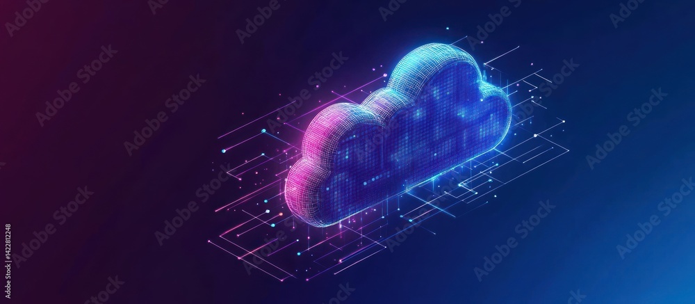 Poster futuristic cloud computing concept with neon grid for data storage