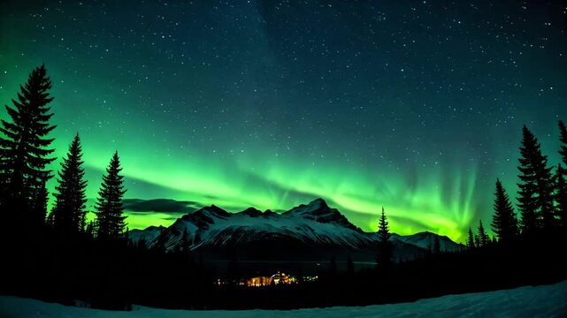 A stunning night view of the green aurora borealis dancing over the mountains.