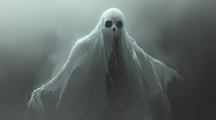 Floating ghost with torn sheet like form and hollow eyes, evoking sense of eeriness and mystery. ghostly figure appears to drift through misty background. Hollow Drift. Illustration
