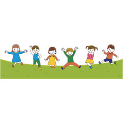 ジャンプする子どもたちのイラストセット　芝生