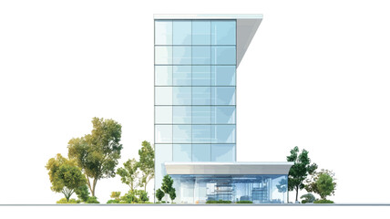 The image shows a digital rendering of a modern high-rise office building. The building features a smooth glass curtain wall with a unique geometric design. The glass reflects light.