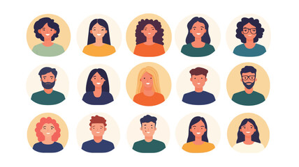 This digital illustration contains sixteen different avatar icons arranged in a grid on a white background. Each avatar is a stylized, simplified portrait, presented in a circle.