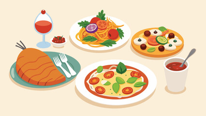 Roasted chicken, pizza, spaghetti with tomato sauce, spaghetti with bacon and salad on white plates over a white background