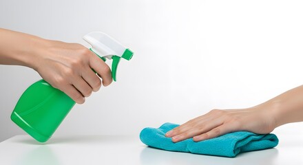 Person Applying Green Cleaning Solution to Surface with Spray Bottle and Blue Cloth, Household Cleaning Industry Stock Photography, HD