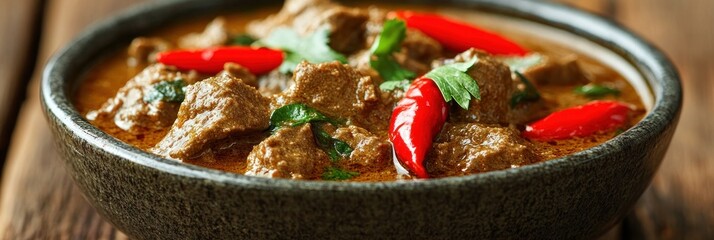 Spicy beef rendang in a textured bowl A culinary delight