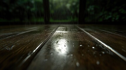 Rain drops on wet wooden floor, view from below. Lush greenery outside through the rain