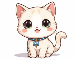 Obraz premium Sweet white kitten wearing a blue polka dot collar sitting upright with rosy cheeks and big sparkling eyes.