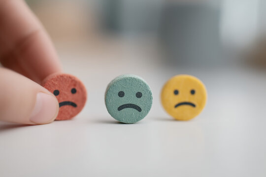 A hand gently placing a sad-faced token among others, symbolizing shared feelings of disappointment and frustration, softly lit against a blurred background.