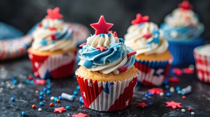 Close-up of patriotic cupcakes and desserts for Happy Independence Day USA.