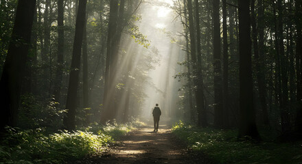Sunlight through forest trees creates a magical atmosphere for a person walking on a path
