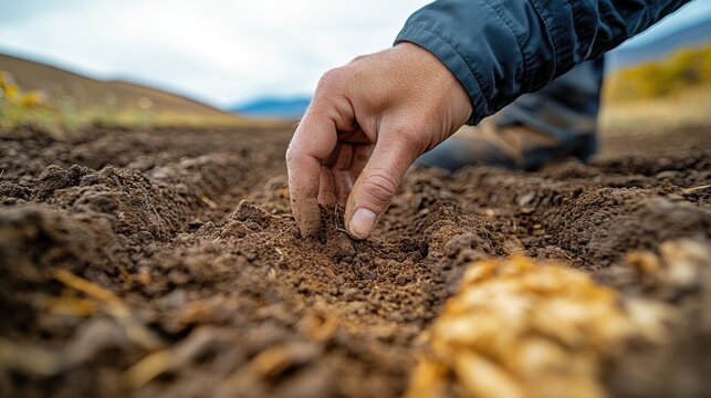 a farmer s hand inspecting soil quality in a field - image stock