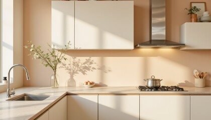 Minimalist smart kitchen design modern home interior photography soft shadows warm tones elegant aesthetic