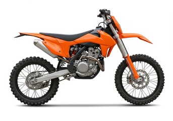 Fototapeta premium A side view of a bright orange dirt bike with knobby tires on a white background in a studio shot