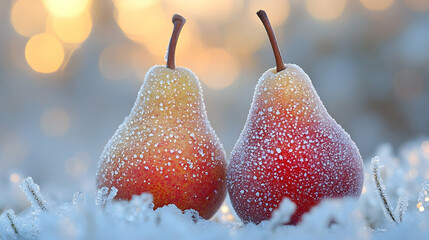 Frost-covered pears glistening in the winter sunlight, surrounded by a soft, blurred snowy background
